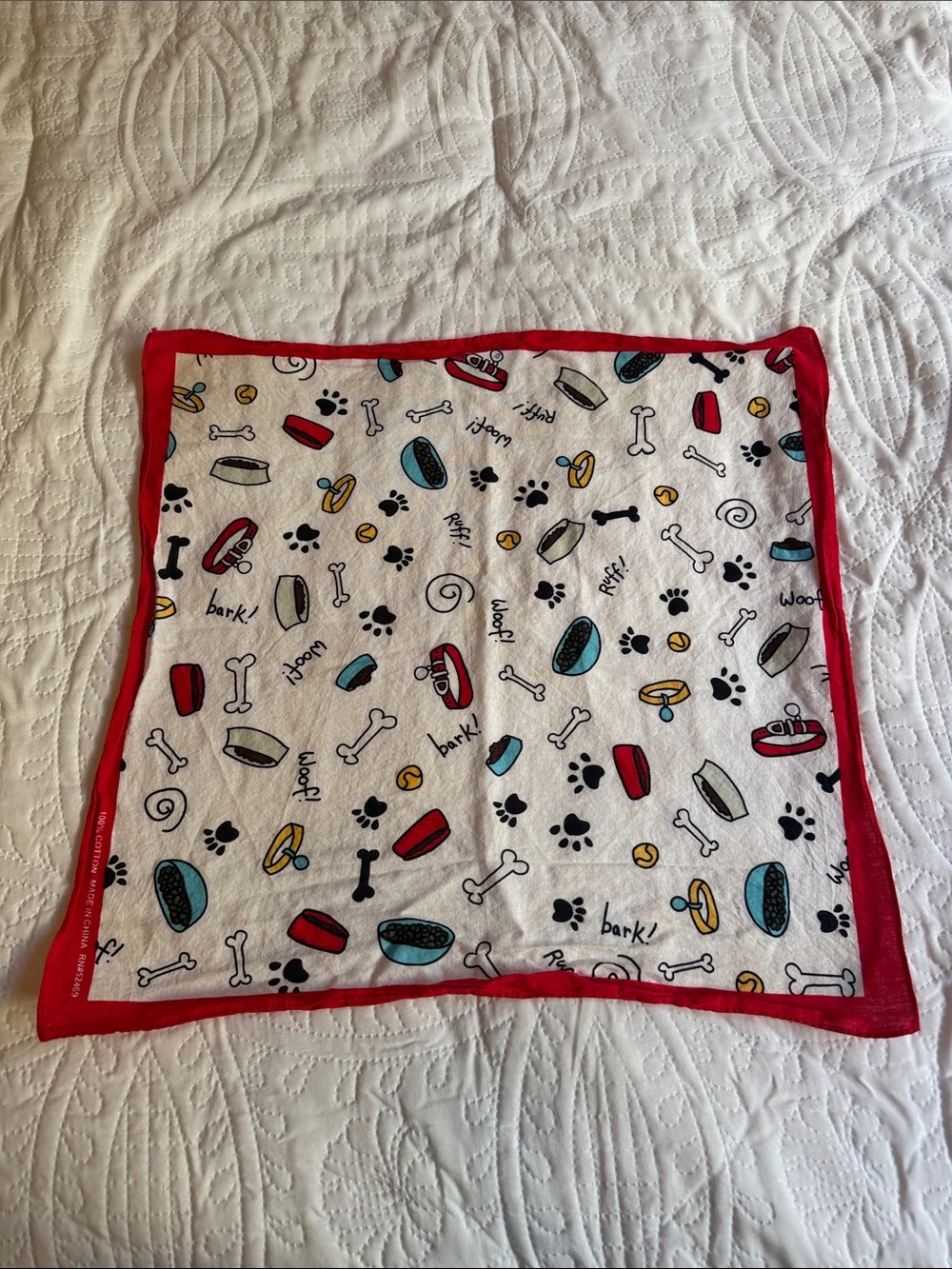 Kids Bandana Bib in Red Trim with Puppy Print